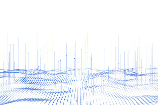 Abstract digital blue wave grid with vertical lines on a white background, clean layout, modern tech concept, 3D Rendering