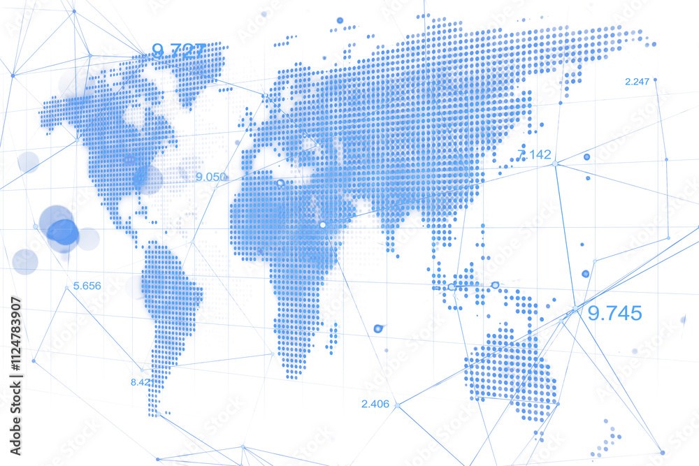 Poster Abstract blue dotted world map with interconnected lines, nodes, and numerical data, featuring a clean white background. Digital concept. 3D Rendering.