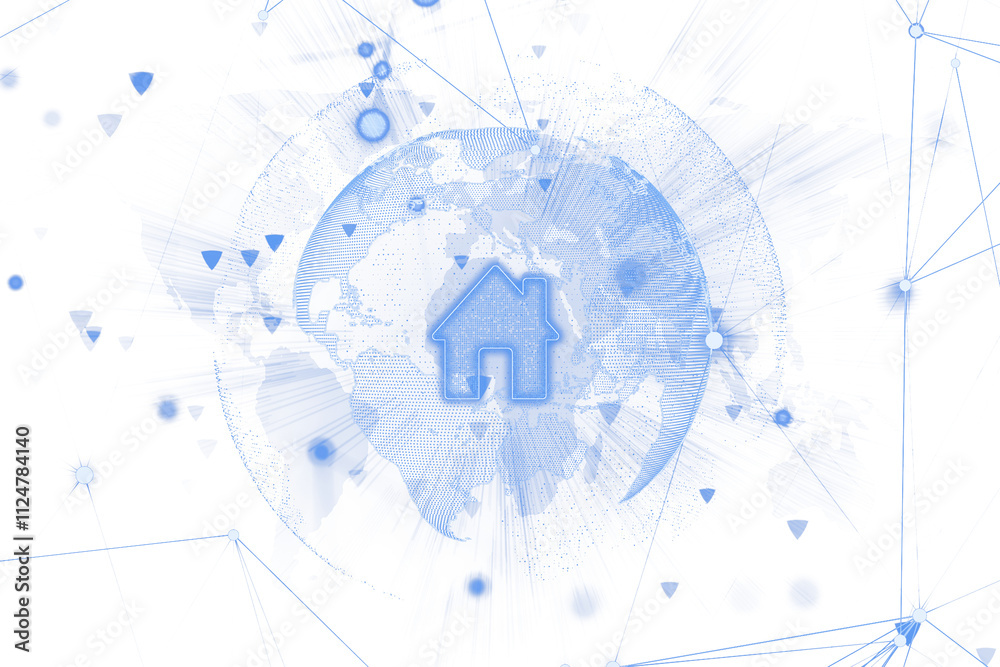 Poster Neon house icon overlaying a digital globe with geometric patterns and network lines in blue on a clean white background. Concept of virtual tech. 3D Rendering.
