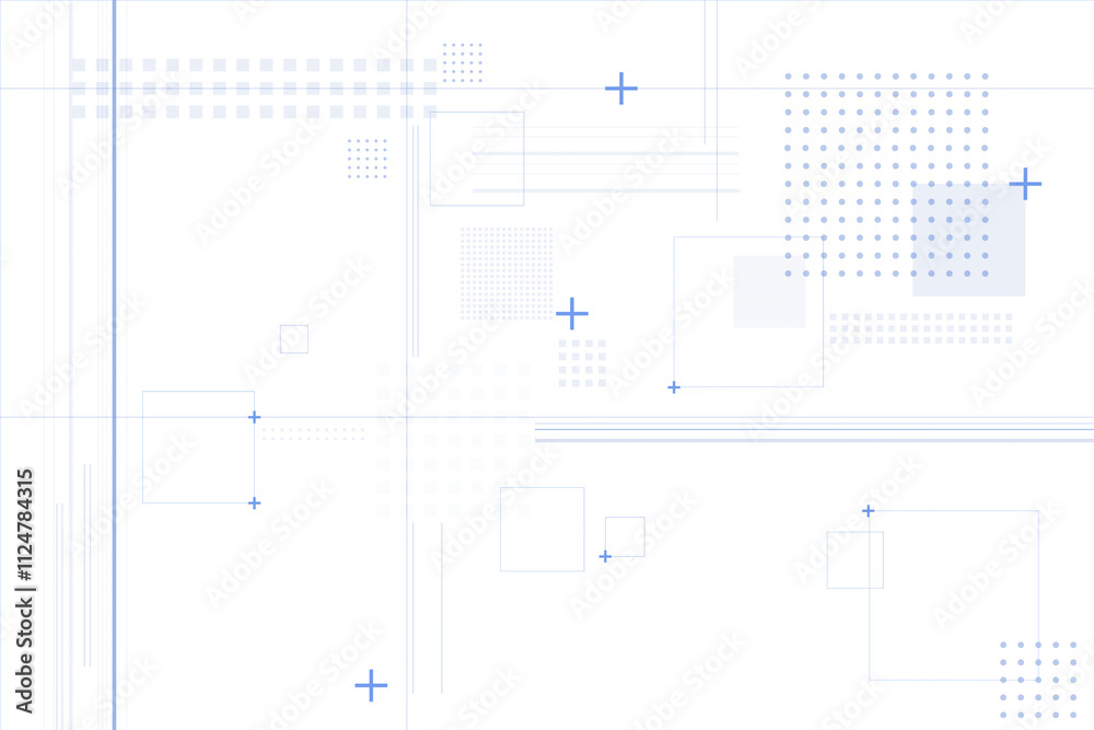 Poster geometric digital design featuring blue lines, dots, and plus symbols on a clean white background. c