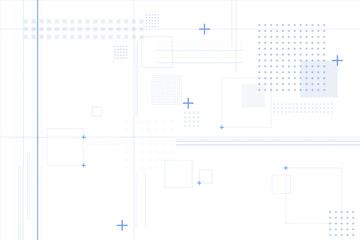 Geometric digital design featuring blue lines, dots, and plus symbols on a clean white background. Concept of modern technology layout. 3D Rendering.