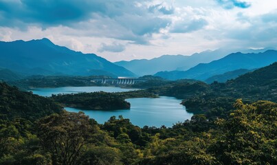 Fototapeta premium Scenic landscape with reservoir and mountains, lush greenery surrounding tranquil waters, dramatic sky with clouds