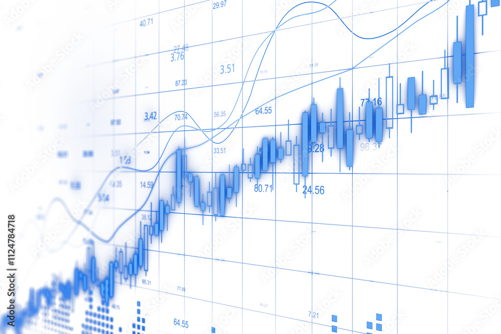 Poster Financial chart with blue candlestick graph and lines on white background, clean and minimal style, concept of data analysis. 3D Rendering.