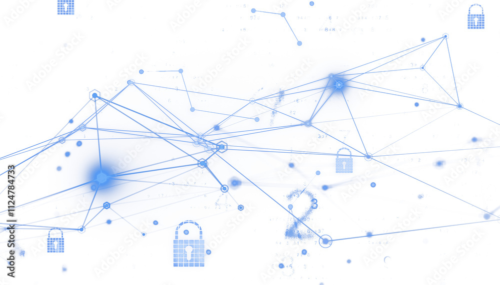 Poster Abstract blue digital network lines with lock icons on white background, clean layout, representing data security and encryption concept. 3D Rendering.