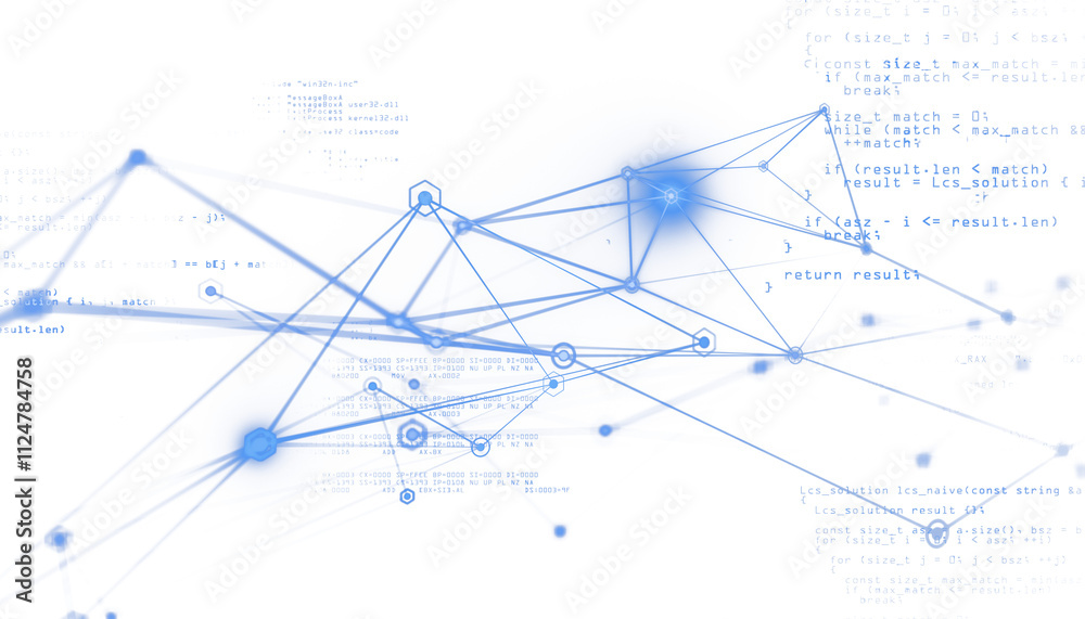 Poster Abstract blue digital nodes and lines connected in a network, overlaid with programming code, on a clean white background. Concept of technology. 3D Rendering.