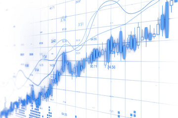 Financial chart with blue candlestick graph and lines on white background, clean and minimal style, concept of data analysis. 3D Rendering.