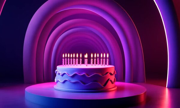 A vibrant birthday cake surrounded by colorful neon lights in an abstract setting.