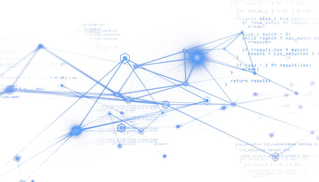 Abstract blue digital nodes and lines connected in a network, overlaid with programming code, on a clean white background. Concept of technology. 3D Rendering.