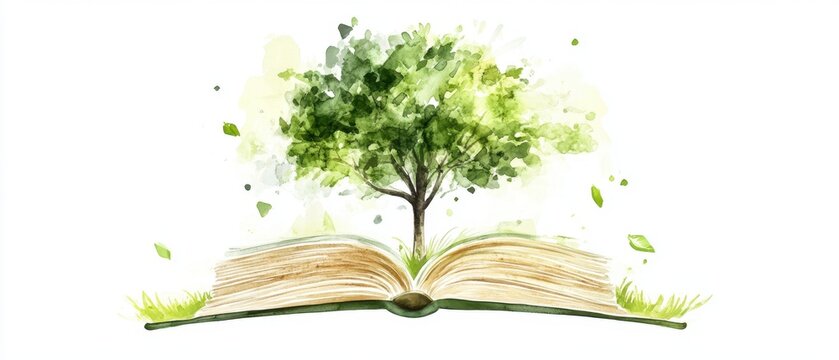 Abstract green watercolor flat design of a tree sprouting from an open book highlighting education and social responsibility in sustainability