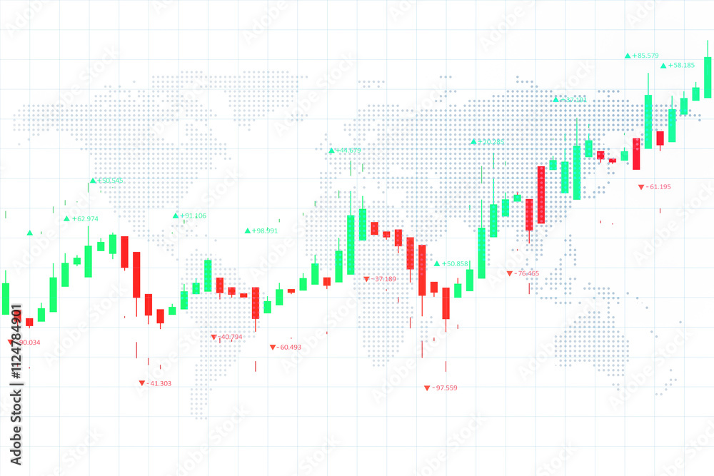 Poster candlestick chart with green and red bars, world map overlay, grid background, financial data concep