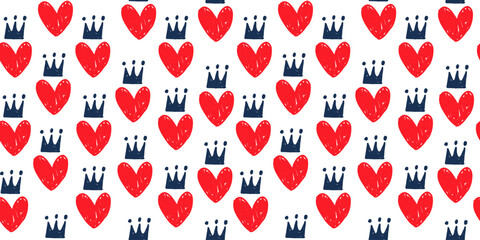 Heart and crowns background. Seamless pattern with hearts for Valentine Day design. Decorative backdrop with hearts, and leaves. Holiday texture. Vector illustration.