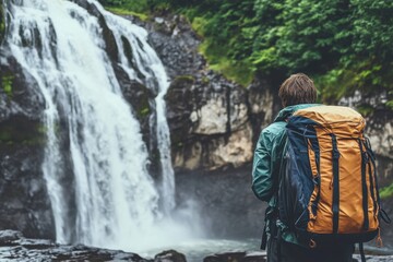 Hiker admires waterfall amidst lush greenery at a serene outdoor location