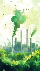 Futuristic low carbon industrial park illustrated in green watercolor flat design, showcasing clean energy infrastructure and urban ecological harmony