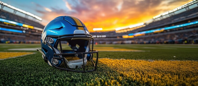 Blue American football helmet on empty field at sunset, with stadium in the background. Low angle wide view image.