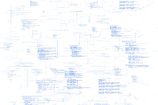Abstract blue programming scripts and digital lines on a white background, representing data processing and technology layout concept. 3D Rendering.
