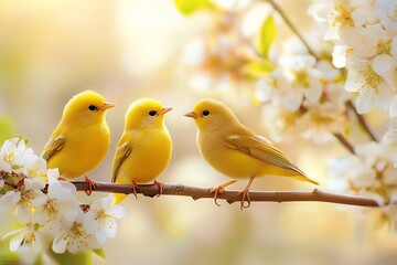 Fototapeta premium Three yellow birds are perching on a branch with white flowers, enjoying the warm spring sunlight