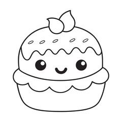 Cute Kawaii Cake Illustration for Kids' Activities and Creative Designs, Black and White Cake Drawing for Children’s Educational and Activity Books