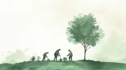 Green watercolor flat design featuring people planting trees in a serene natural landscape emphasizing social responsibility and environmental care