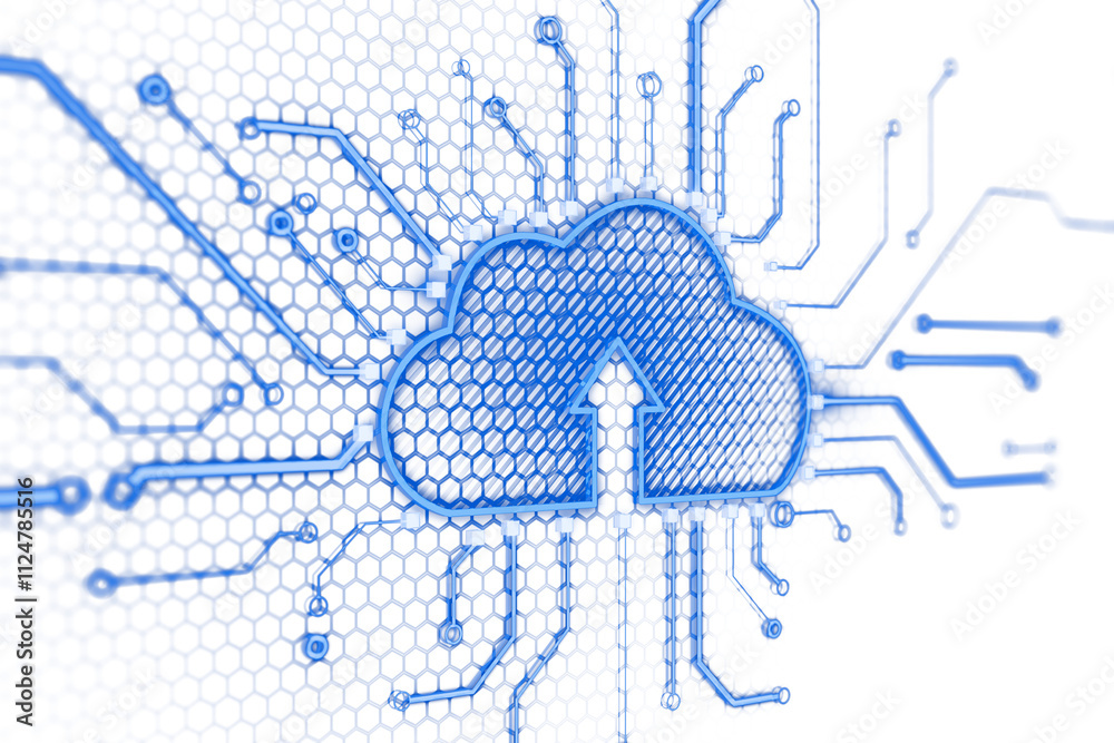 Aufkleber Blue cloud icon with circuits over white hexagonal pattern, representing cloud computing, data storage, and virtual network technology. 3D Rendering.