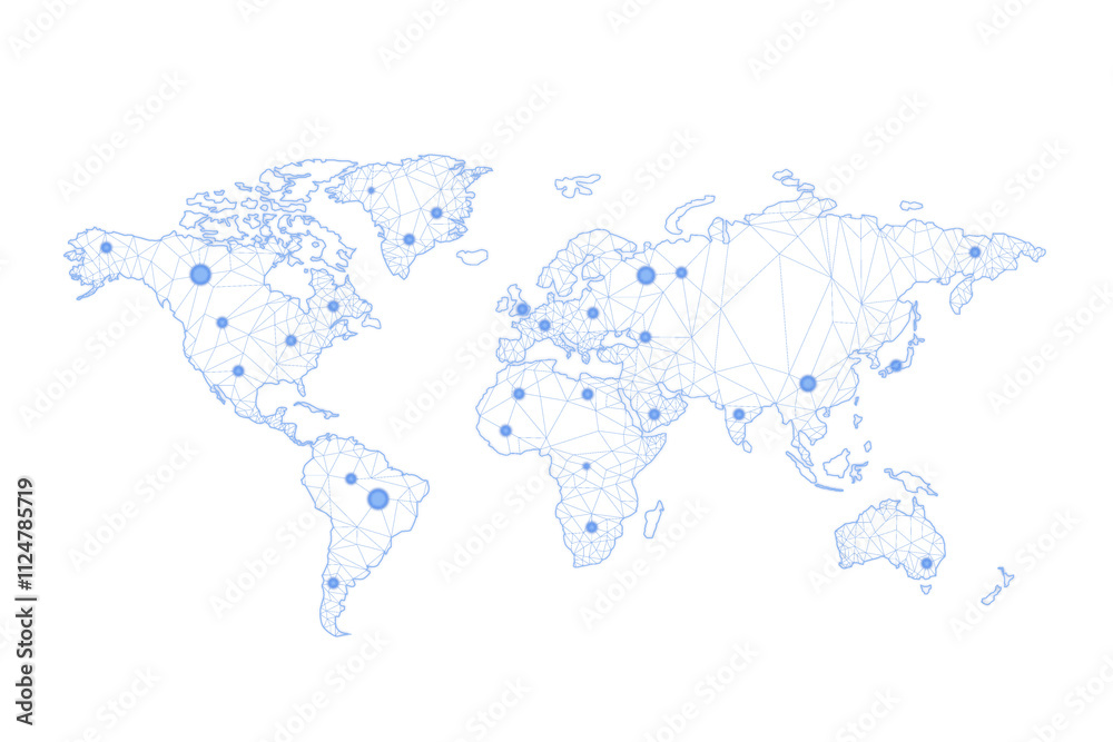 Aufkleber World map composed of interconnected blue lines and dots on a white background, representing global connectivity and technology concepts. 3D Rendering.
