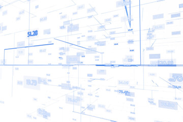 Abstract blue lines, numbers, and data grids on white background, showcasing a tech-style digital visualization and analysis concept. 3D Rendering.