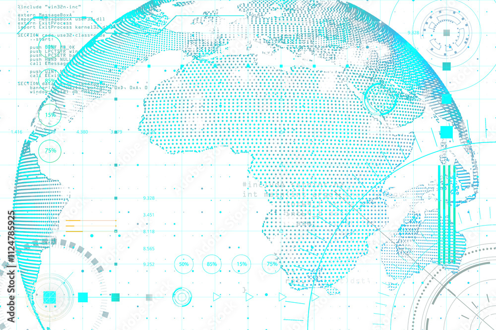 Poster digital global map hologram, featuring neon blue lines, dots, and virtual interface elements on a wh