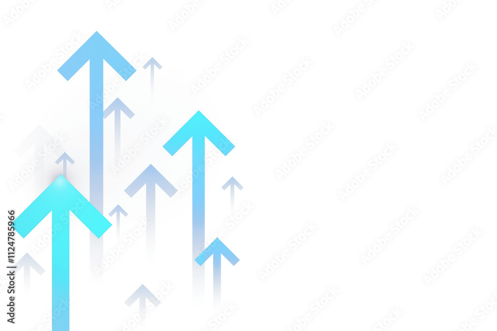 Poster Multiple blue arrows pointing upwards, clean layout, isolated on a white background, symbolizing progress and growth concept. 3D Rendering.
