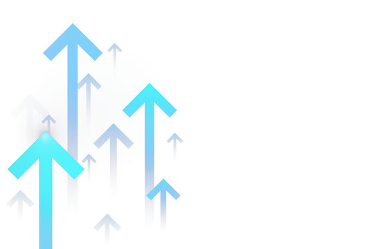 Multiple blue arrows pointing upwards, clean layout, isolated on a white background, symbolizing progress and growth concept. 3D Rendering.