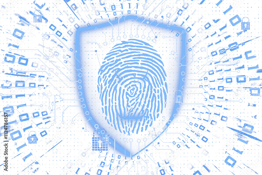Poster Blue fingerprint within a shield icon, with digital circuit patterns radiating outward on a clean white background. Concept of cybersecurity. 3D Rendering.
