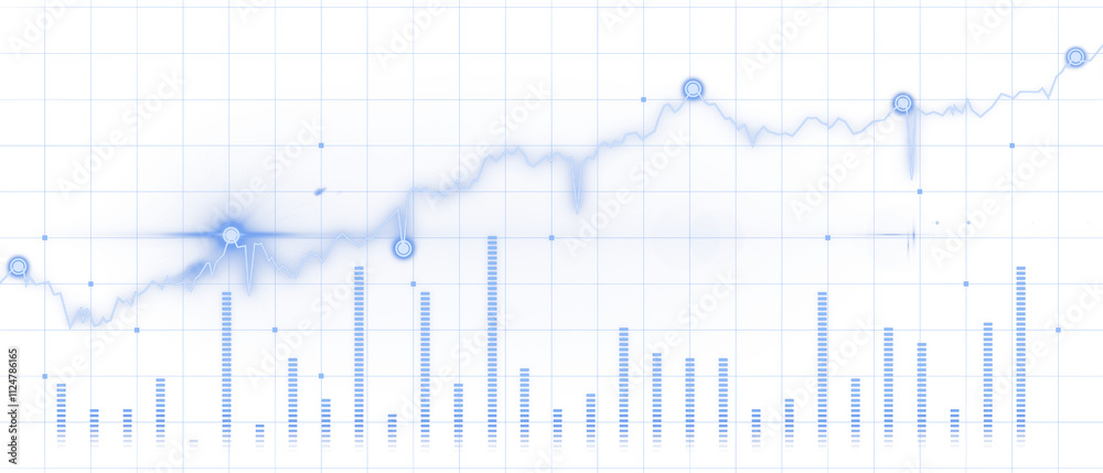 Poster Abstract blue chart featuring line graph with glowing markers and bar graph on white grid background. Concept of data analysis and tech. 3D Rendering.