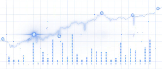 Abstract blue chart featuring line graph with glowing markers and bar graph on white grid background. Concept of data analysis and tech. 3D Rendering.