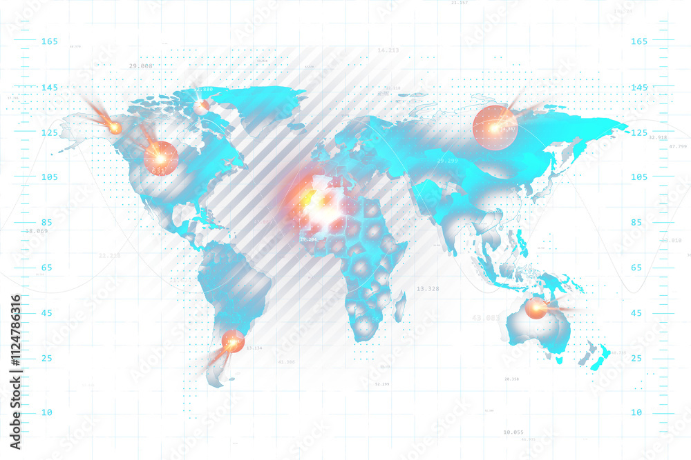 Poster Abstract global map featuring neon blue continents and glowing data points on a white grid background, representing a digital tech concept. 3D Rendering.
