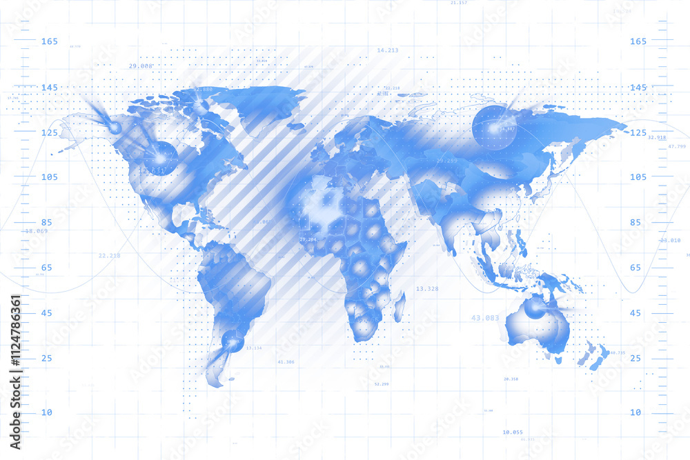 Poster Abstract blue world map with holographic texture, white grid background, virtual tech-style design concept, futuristic global style. 3D Rendering.