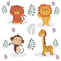 a collection of cute animal cartoon illustration consisting of tiger, lion, monkey, and giraffe, vector file easy to edit
