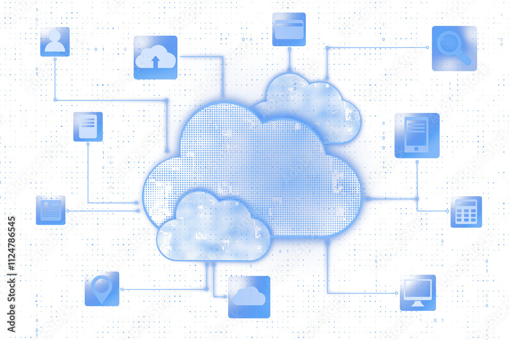 Aufkleber Cloud computing icons interconnected via digital lines, blue holographic style on white background, concept of virtual data storage system. 3D Rendering.
