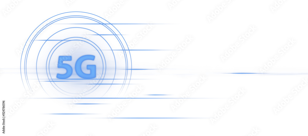 Poster Abstract 5G symbol in blue with circular lines and motion blur effect on a clean white background. Concept of connectivity and speed. 3D Rendering.