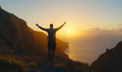 Fototapeta premium Hiker celebrating sunset view over ocean, mountain landscape, vibrant colors, silhouette