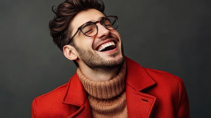 Obraz premium Happy man laughing. Portrait of a joyful young man.