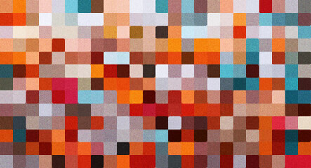 Pixelated abstract vibrant colors of mosaic of rectangular pixels in red, orange, brown, and blue, with grain noise texture, passion, enthusiasm, and creativity.