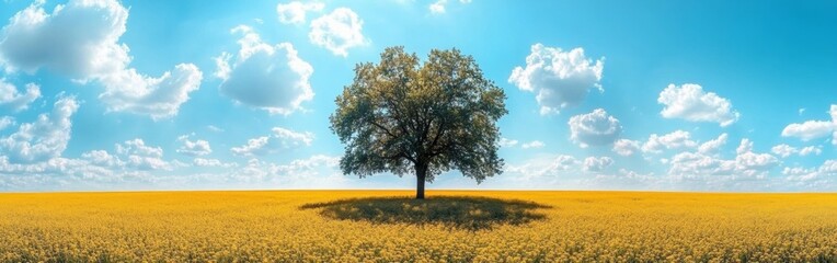 A tree stands in a field of yellow flowers