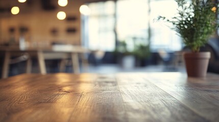 Empty wooden table with blurred background in cozy cafe interior