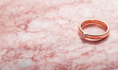 Rose gold ring with diamond on marble background, elegant design, soft pink tones