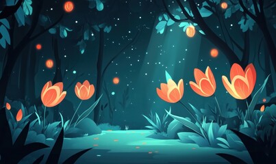 Enchanted forest with glowing flowers and soft light