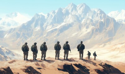 Obraz premium Soldiers overlooking mountain landscape, military personnel, rugged terrain, vast wilderness, teamwork, preparation for mission