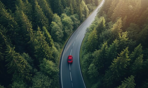 Red car driving on winding road through lush green forest