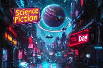 Vibrant Sci-Fi Day Online Poster Featuring Generative AI Futuristic City and Spaceships