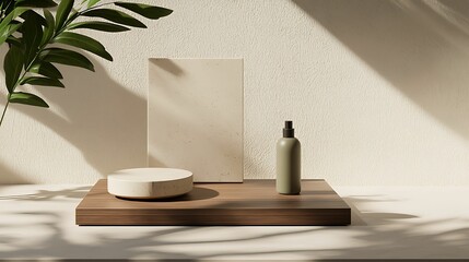Skincare cleanliness sustainable. A minimalistic tabletop arrangement featuring a plant, a round dish, a bottle, and a blank canvas under soft, natural light.