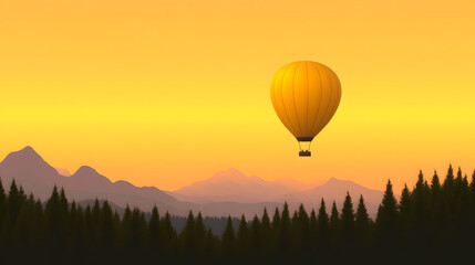 Obraz premium A clean design of a hot air balloon with minimal detail, floating over a serene countryside landscape. Hot air balloon over countryside.