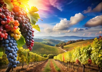 Naklejka premium Bountiful Wine Grape Harvest in Vineyard with Lush Grapes on the Left and Expansive Copy Space for Agriculture or Seasonal Marketing Needs