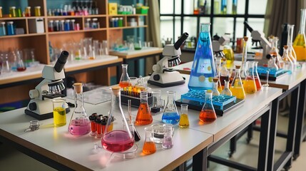 A vibrant science lab with microscopes, beakers, and various experiments set up on the tables.